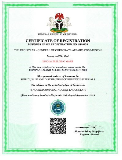 Corporate Affairs Commission certificate of registration for Ishola Building Mart
