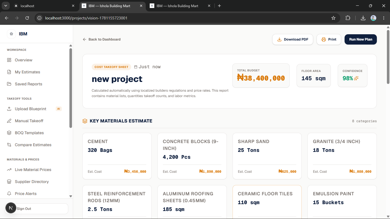 Instant BOQ with material counts and live costs in naira